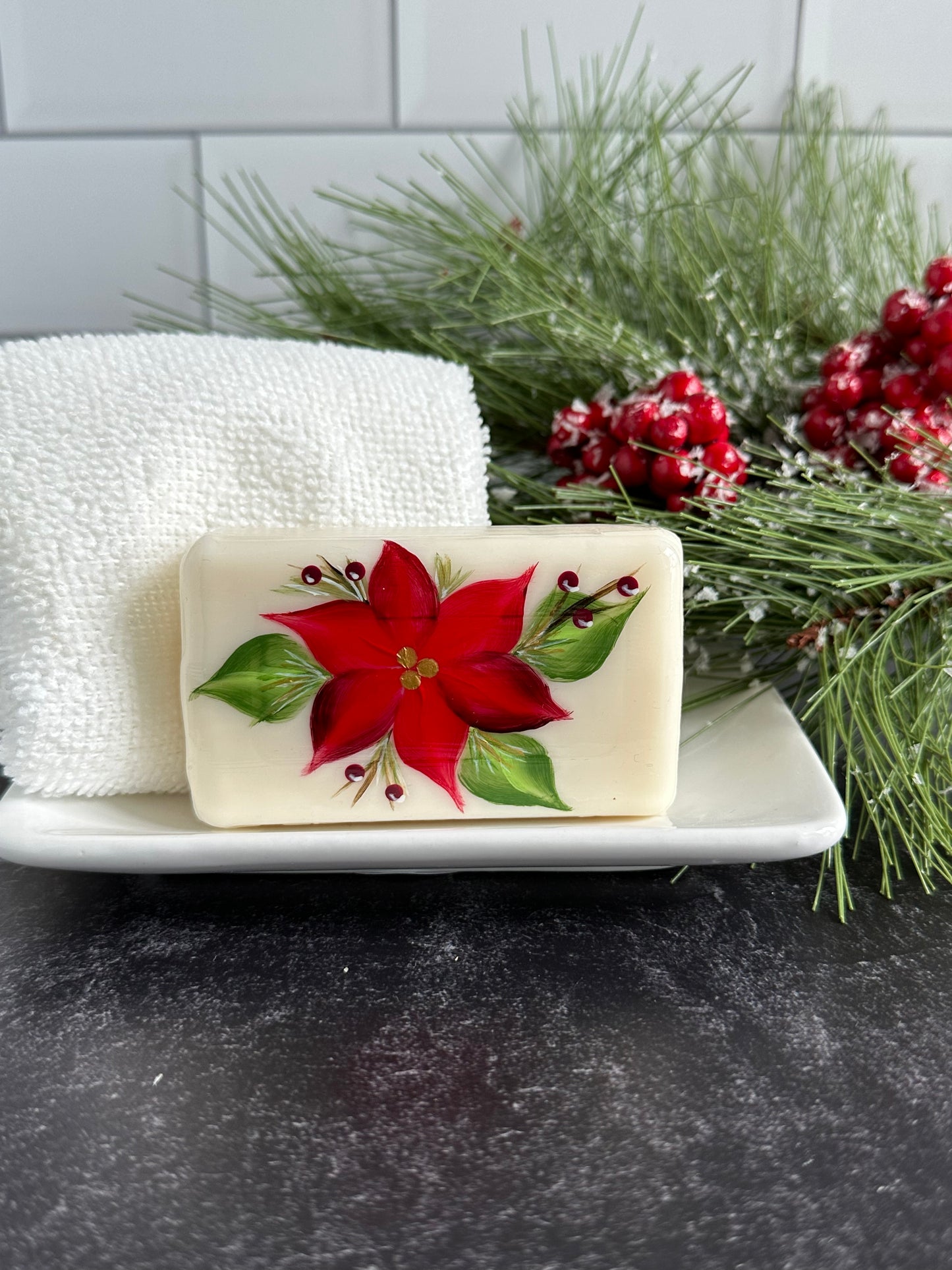 Pretty Poinsettia Hand Painted Holiday Soap